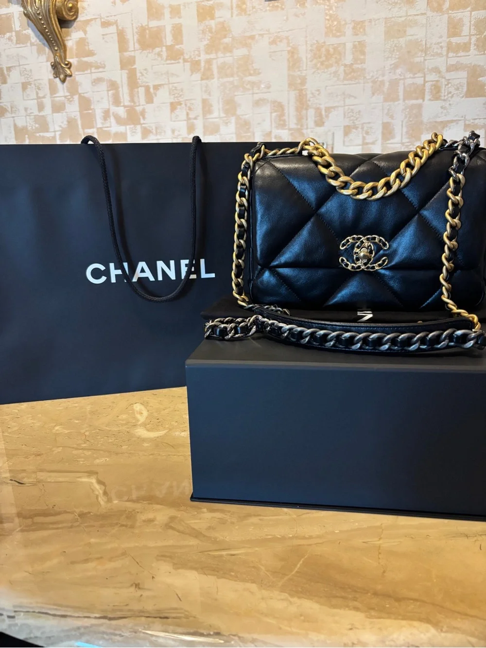 Chanel 19 Handbag. Shiny Lambskin, Gold Tone, Silver-Tone & Ruthenium-Finish